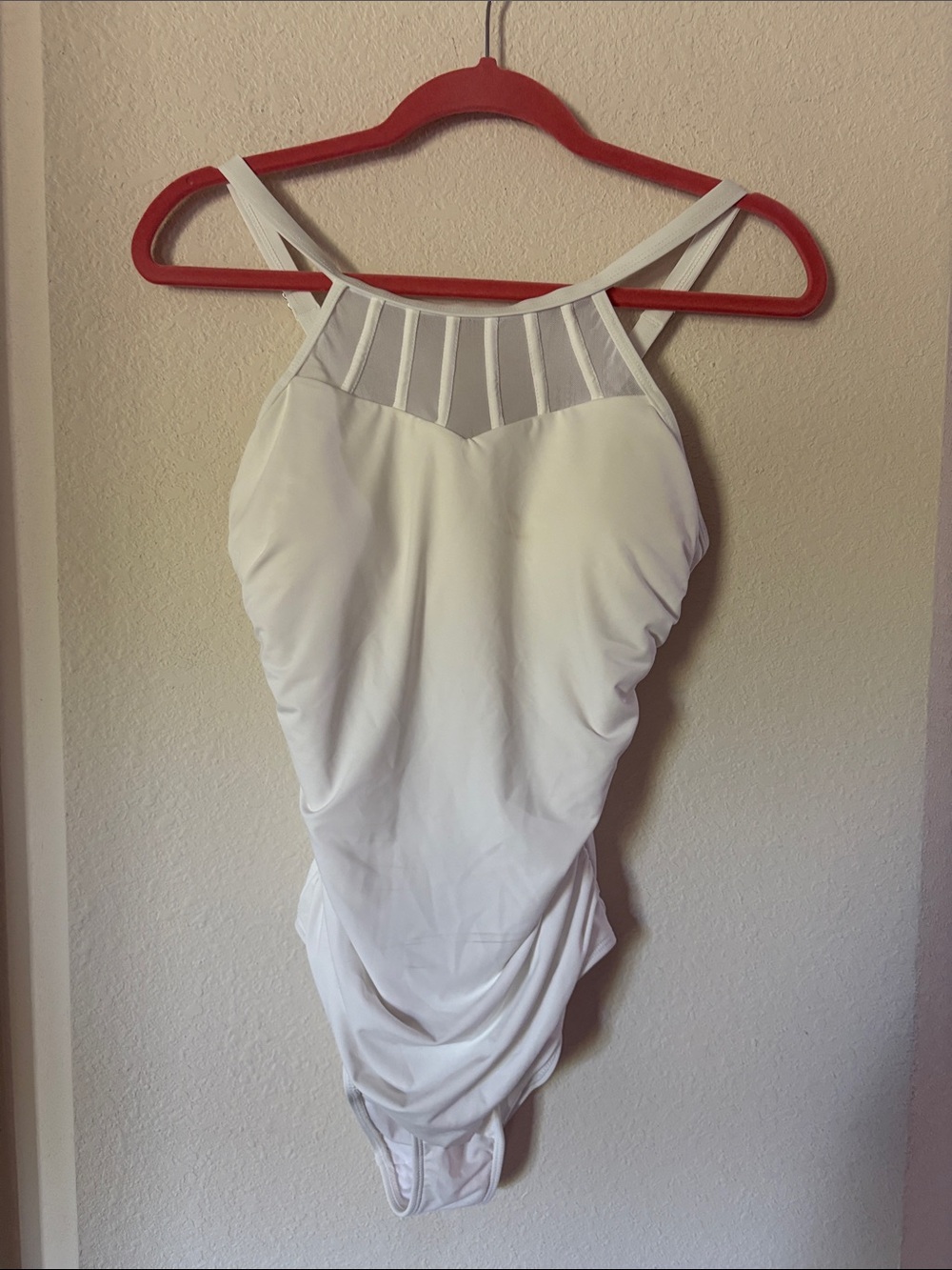High-Neck White One-Piece Swimsuit with bra  inserts
Long torso